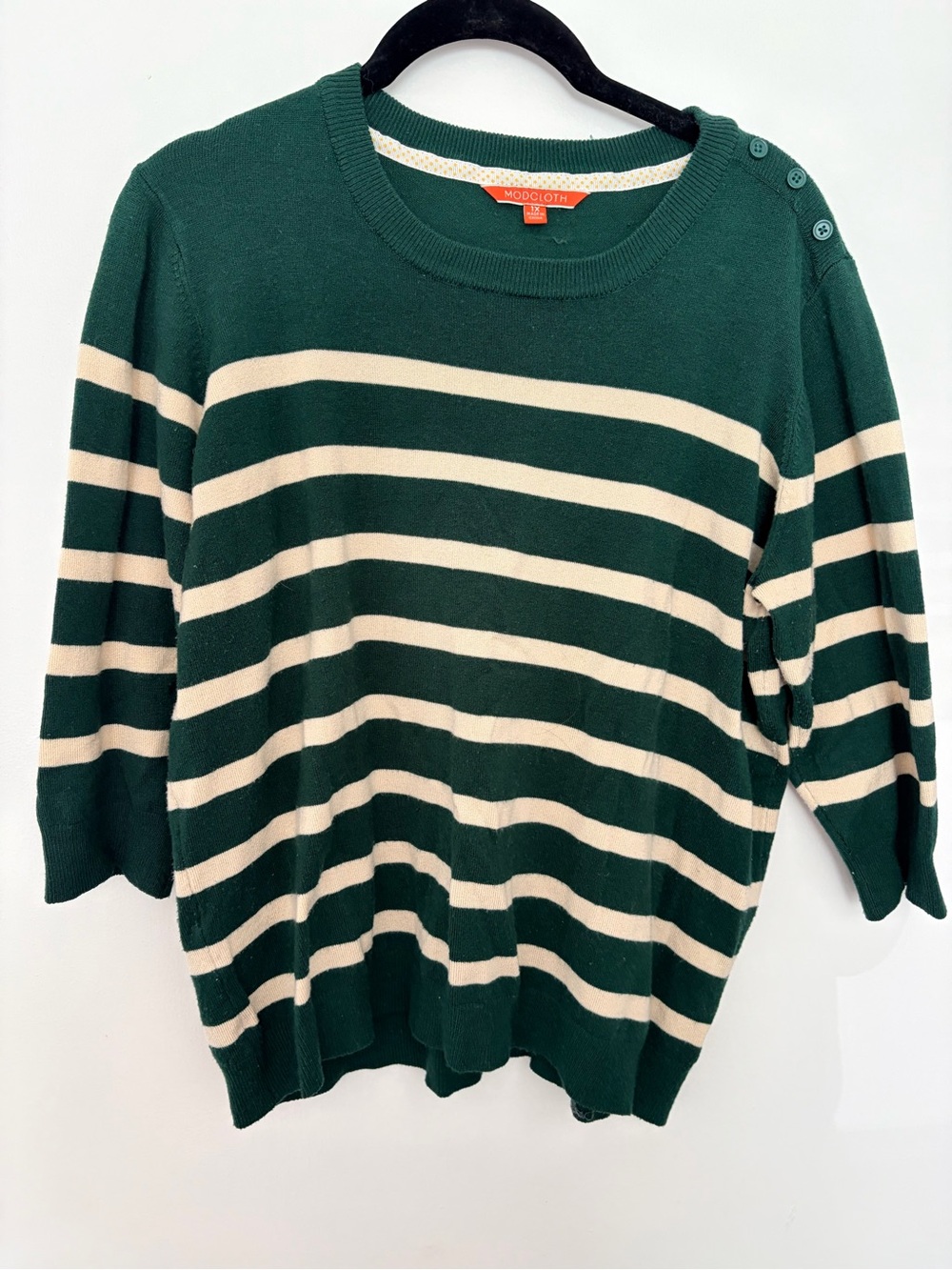 ModCloth Green Cream Striped Sweater Women’s 1X Plus Size Button Shoulder